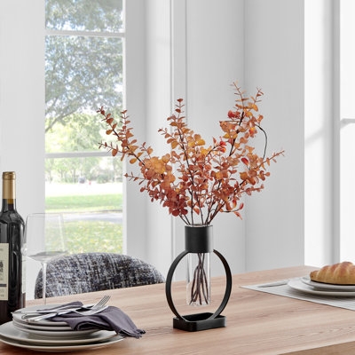 Tabletop Vase Black Metal Circular Pedestal Frame Glass Vial Insert