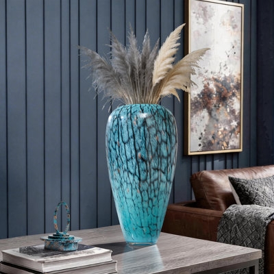 Tabletop Vase Turquoise Glass Mottled Texture Hand Blown Modern Decor