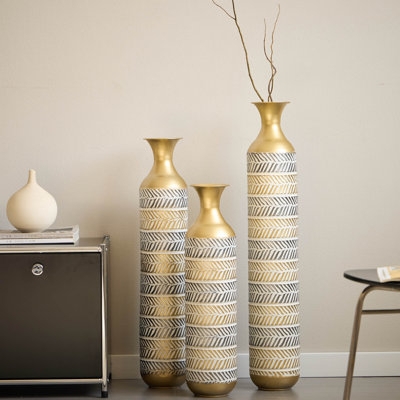 Tall Floor Vase Trio Styling: Graduated Metal Chevron Set.