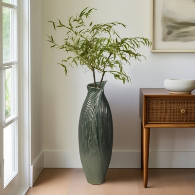 Tall Vase: Sage Green Ceramic with Swirl Texture and Asymmetric Rim