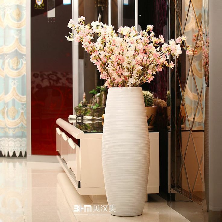 Tall White Floor Vase with Horizontal Ribbing and Tapered Silhouette