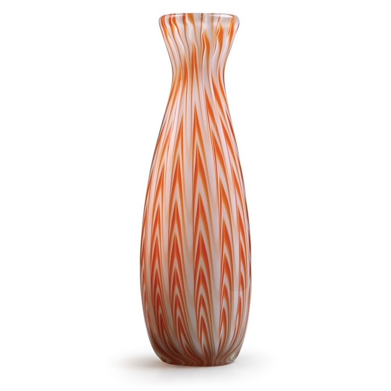 Tangerine Glass Vase: Chevron Pattern Bottle Silhouette. Contemporary decor.