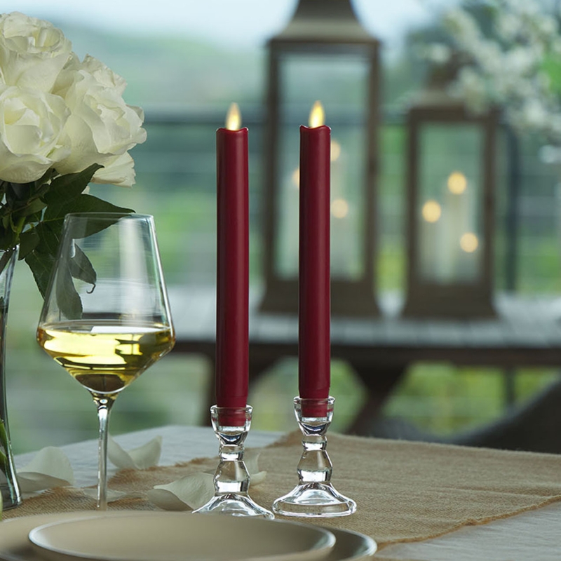 Taper Candle Burgundy Flickering LED with Melted Top for Outdoor Dining