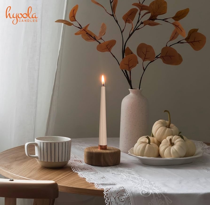 Taper Candle Lit Sahara Beige on Wood Base Autumnal Decor