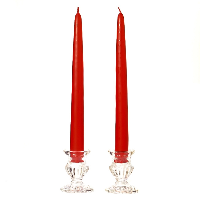 Taper Candle Pair: Classic Slender Red Wax in Ribbed Glass Holders