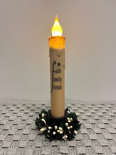 Taper Candle, Primitive Farmhouse Style with "Faith Family Friends" Script