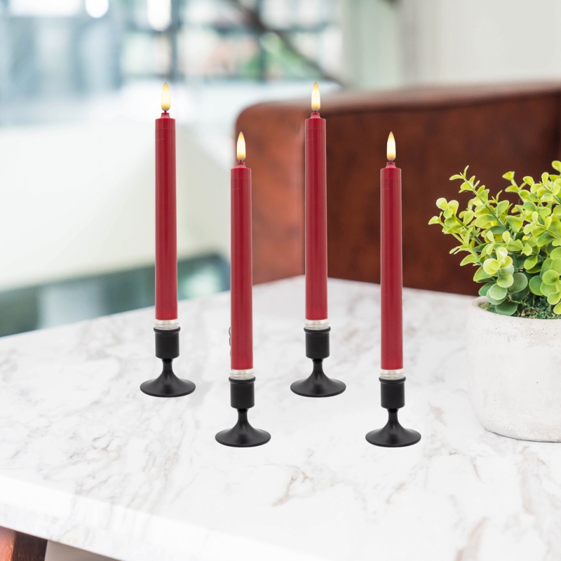 Taper Candle Red with Realistic 3D Wick in Black Pedestal Holders