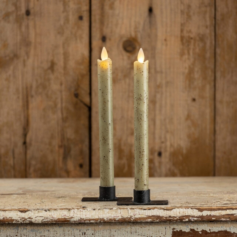 Taper Candle Speckled Sage Green Moving Flame Primitive Farmhouse Mantel