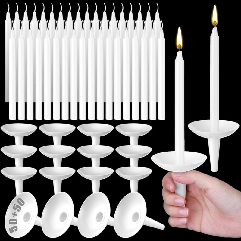 Taper Candles Bulk Set White with Integrated Drip Guards for Vigils