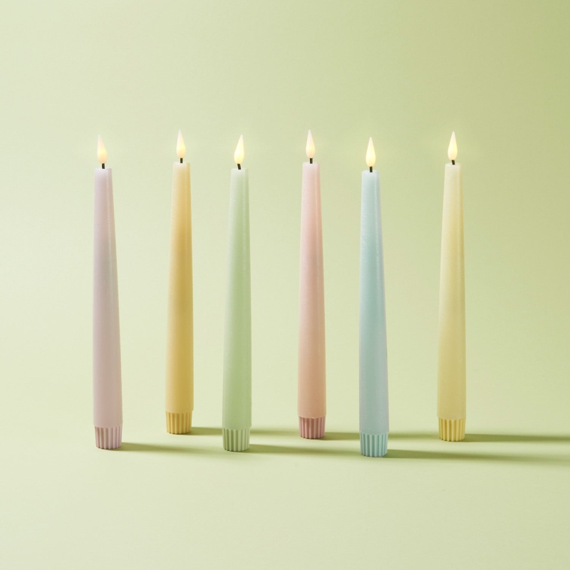 Taper Candles Flameless Pastel Colors with Ribbed Base Modern Minimalist