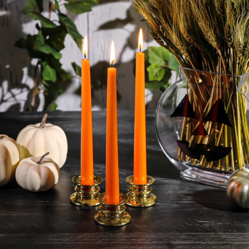 Taper Candles in Gold Pedestal Holders Vibrant Orange for Holiday