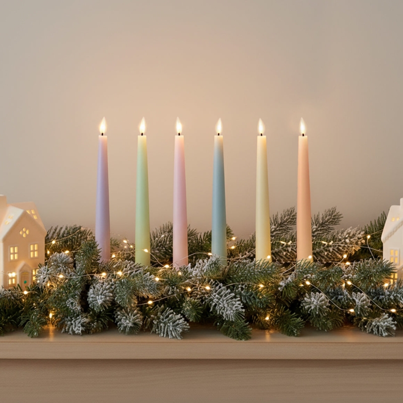 Taper Candles Pastel Palette with Snow Flocked Garland Holiday Mantel