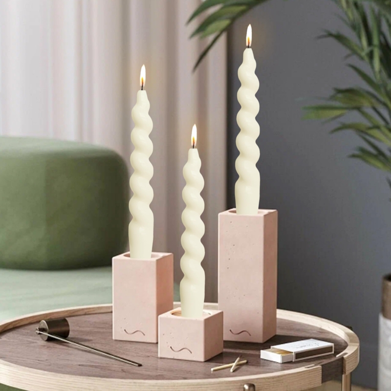 Taper Candles with Spiral Twisted Shape in Blush Pink Stone Holders