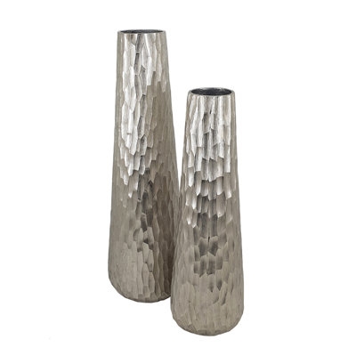 Tapered Vase Silver Metal Faceted Look Hammered Texture Tall