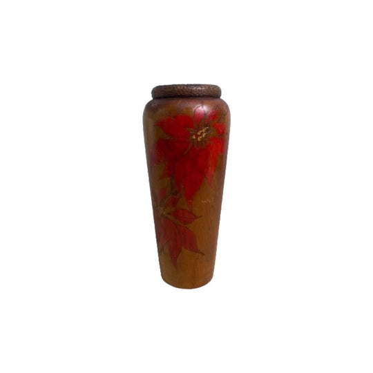 Tapered Vase: Vintage Wood Poker Work, Rustic floral tabletop accent.