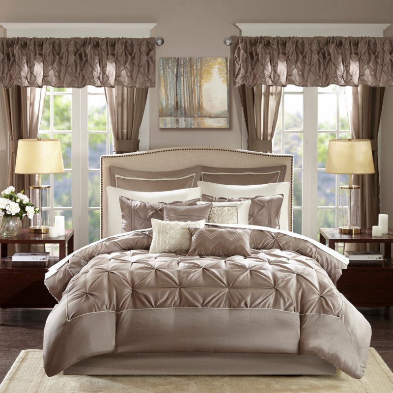 Taupe Floral Bedding Set with Coordinated Curtains and Valance