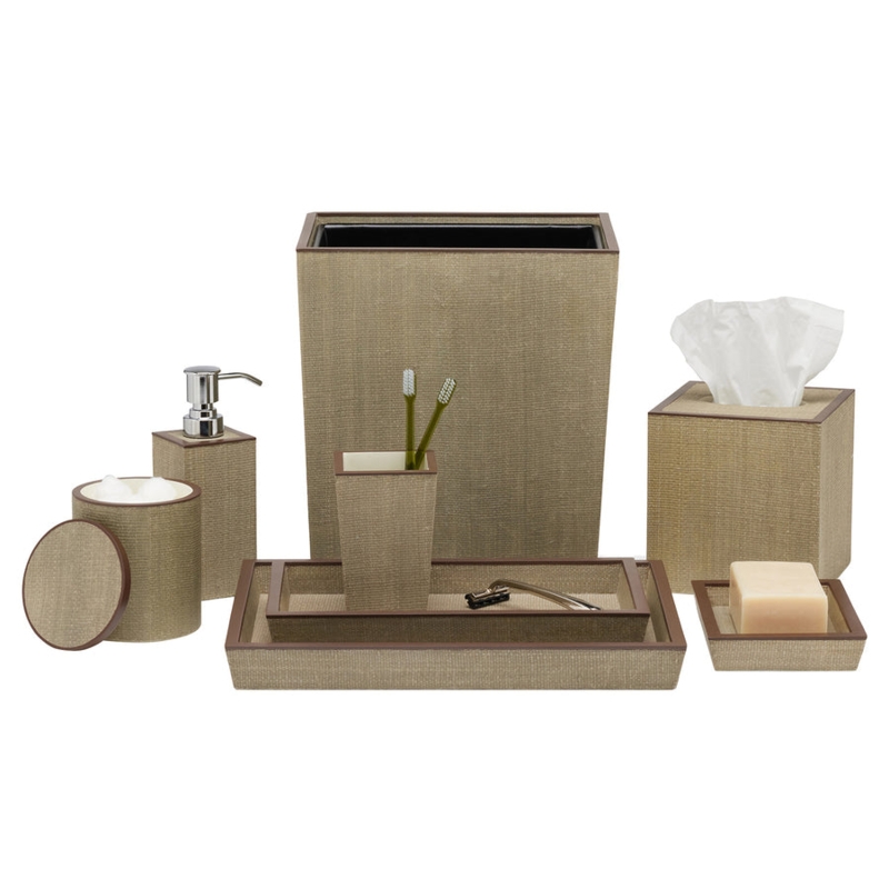 Taupe Resin Encased Bathroom Accessory Set, Woven Weave Texture