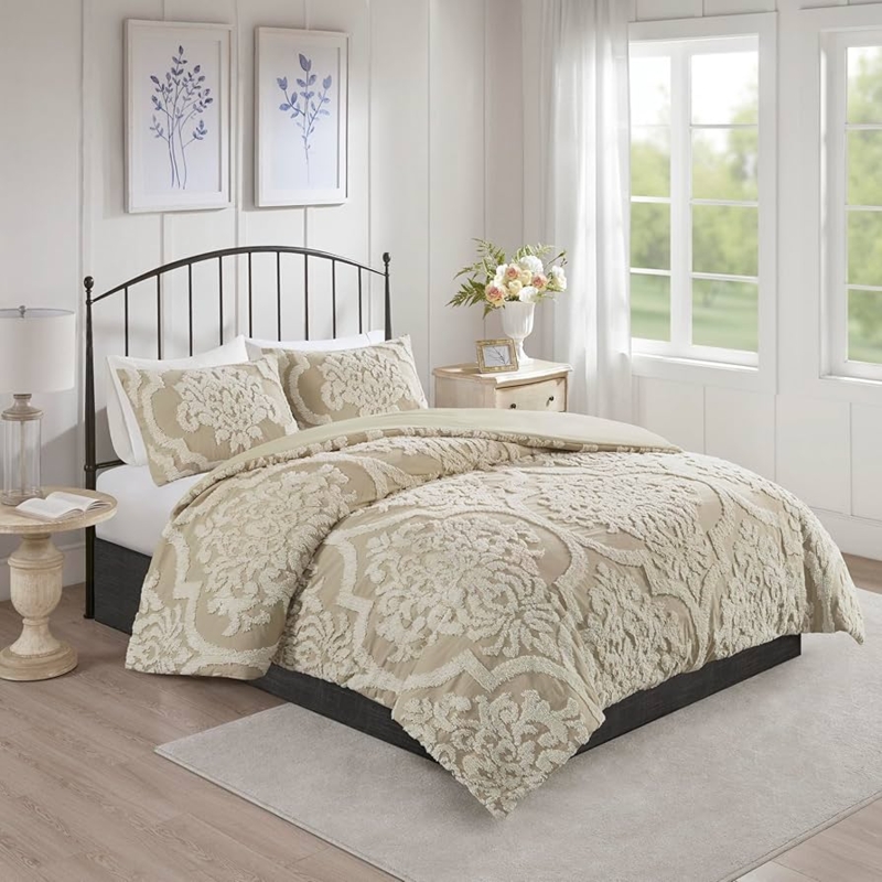 Taupe Tufted Chenille Damask Comforter Set, Neutral Palette