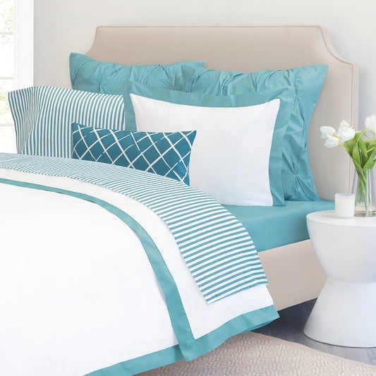 Teal Duvet Cover Set with White Geometric Border Trim, 3-Piece