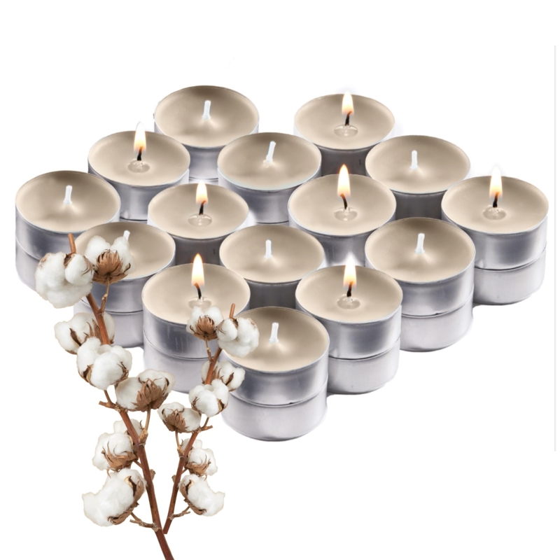 Tealight Candles Beige with Cotton Boll Accent Silver Cups