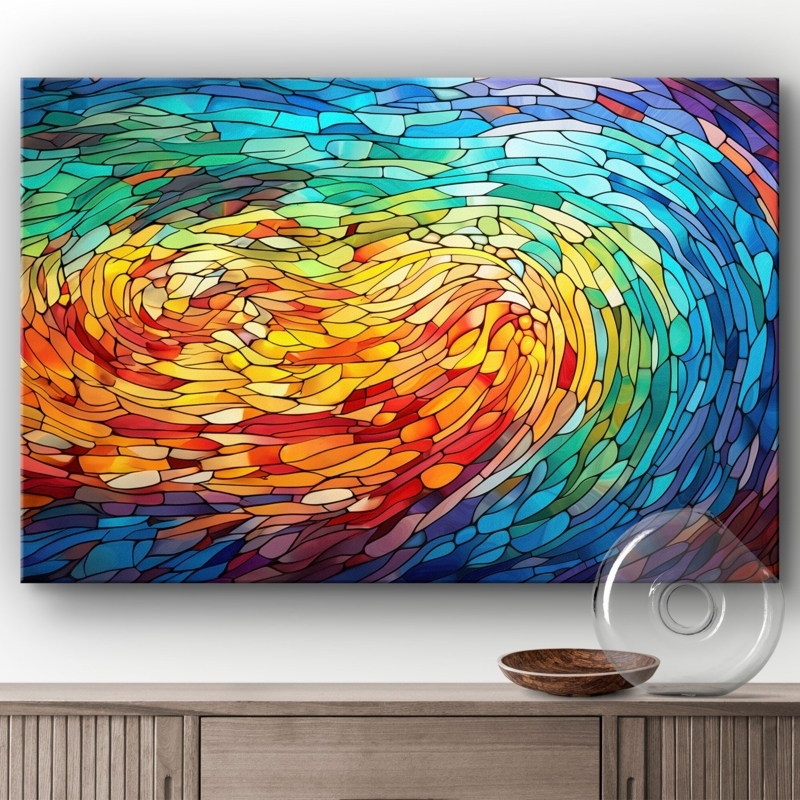Tempered Glass Art: Swirling mosaic pattern, modern glass mosaic wall panel.