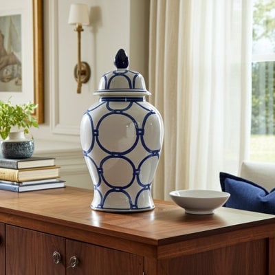 Temple Jar: Glossy Blue Geometric Pattern on White Ceramic with Finial Top