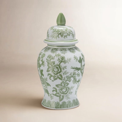 Temple Jar, Green Floral Chinoiserie, Ceramic with Pointed Finial Lid