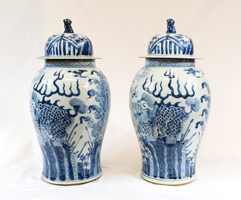 Temple Jar Pair Foo Dog Finial Blue and White Porcelain