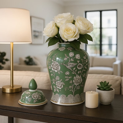 Temple Jar, Sage Green Chinoiserie with Bird Motif and Lid