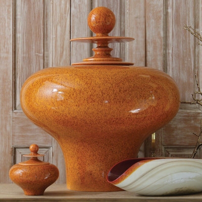 Temple Jar Speckled Pattern Tiered Lid, Squat Ceramic Transitional.