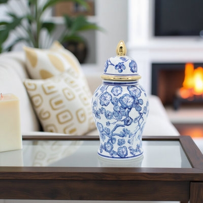 Temple Jar with Gold Finial Chinoiserie Floral Blue and White Decor