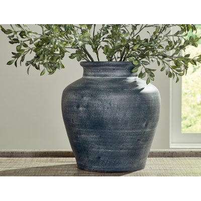 Terracotta Table Vase: Weathered Blue Ribbed Finish