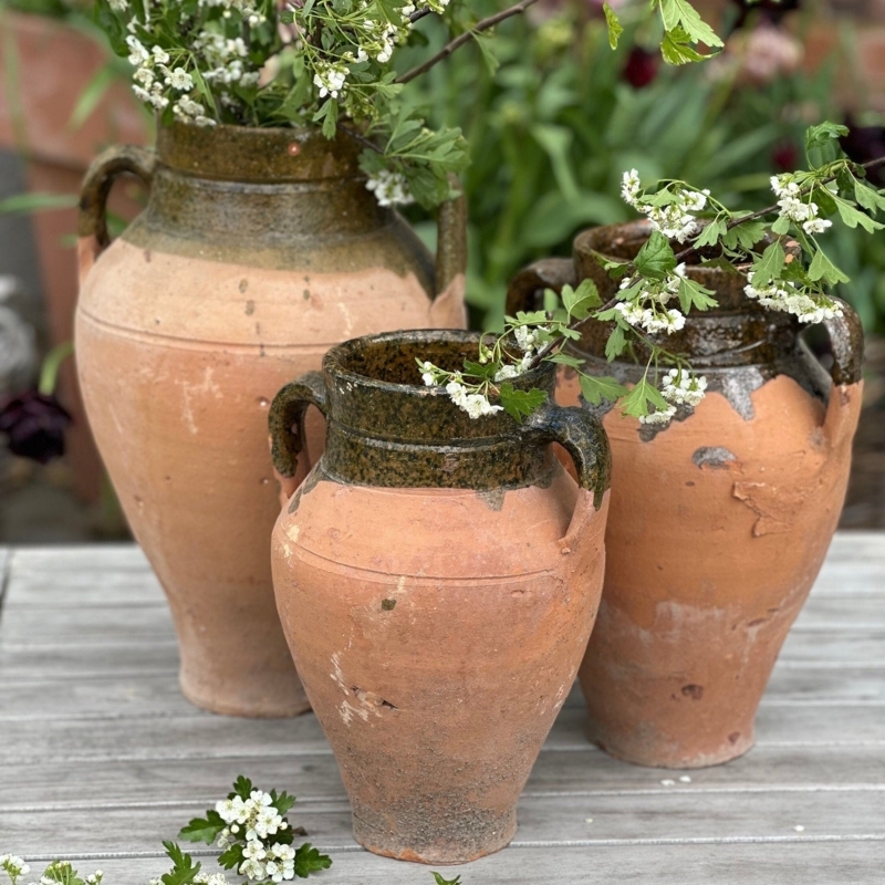 Terracotta Urn Set of Three Green Glazed Rim Weathered Finish