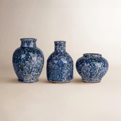 Terracotta Vase Set Mottled Blue Glaze Varied Silhouettes Artisan