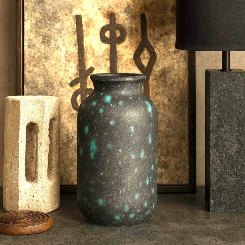 Textured Ceramic Vase: Turquoise Speckled Pattern for Wabi-Sabi Decor.
