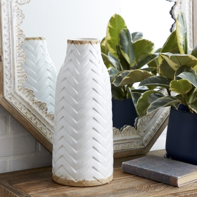 Textured Ceramic Vase with Wood-Toned Rim. Farmhouse table decor.