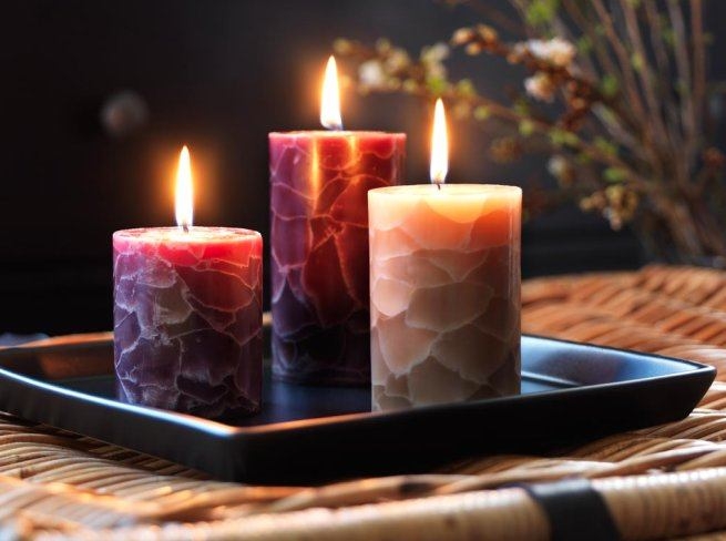 Textured Pillar Candle Trio with Fragmented Mosaic Look & Warm Glow