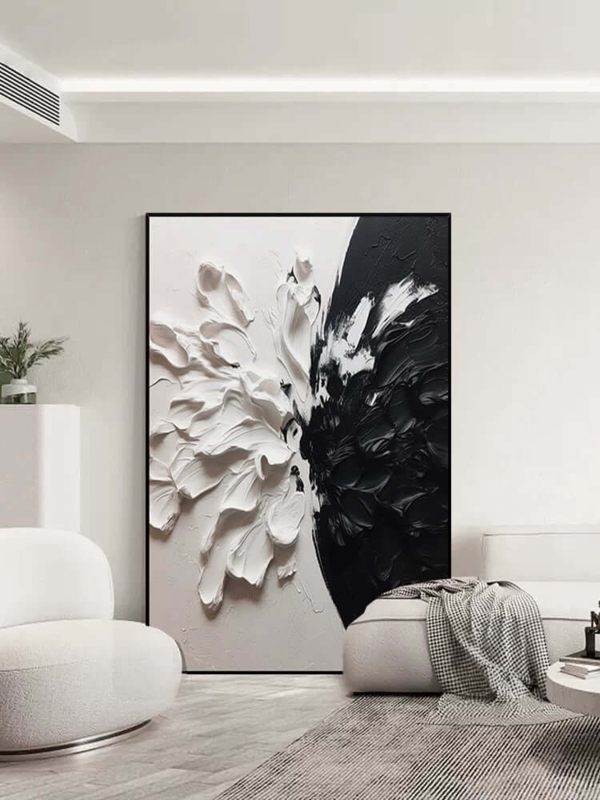 Textured Wall Art: Split Composition Sculptural Floral Relief Painting