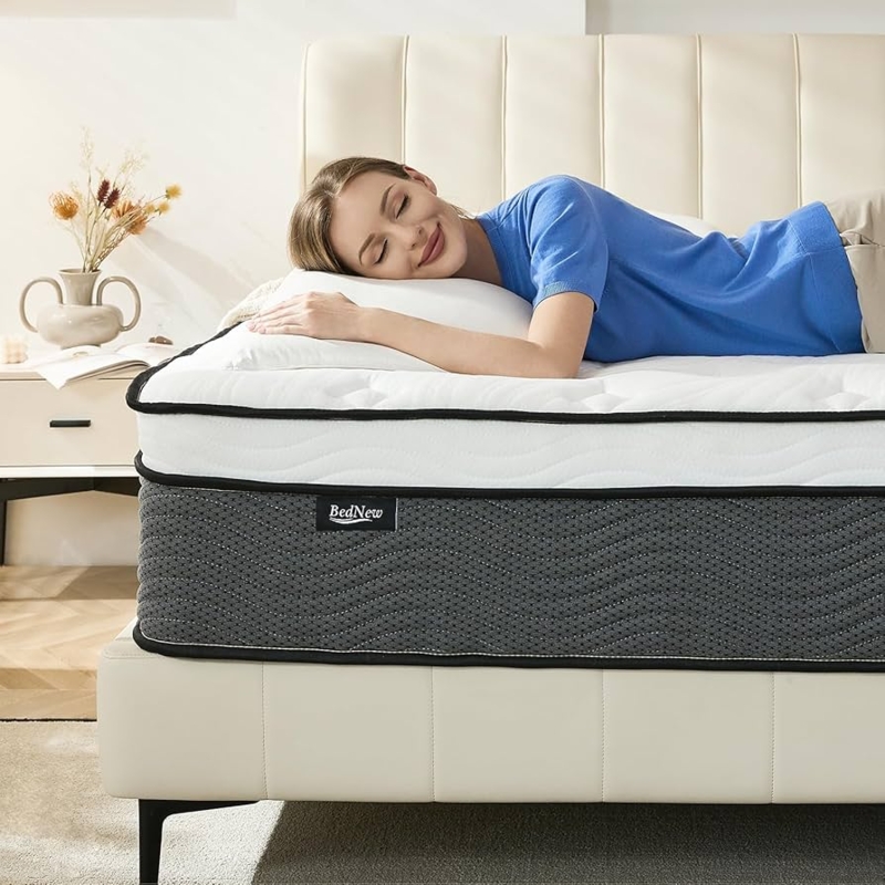 Thick Hybrid Mattress featuring Wavy Quilt Top and Black Piping