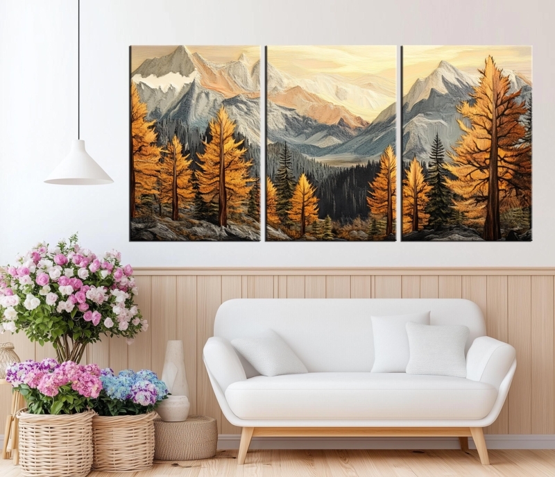 Three-Panel Triptych Wall Art: Golden Forest Mountain Landscape Canvas