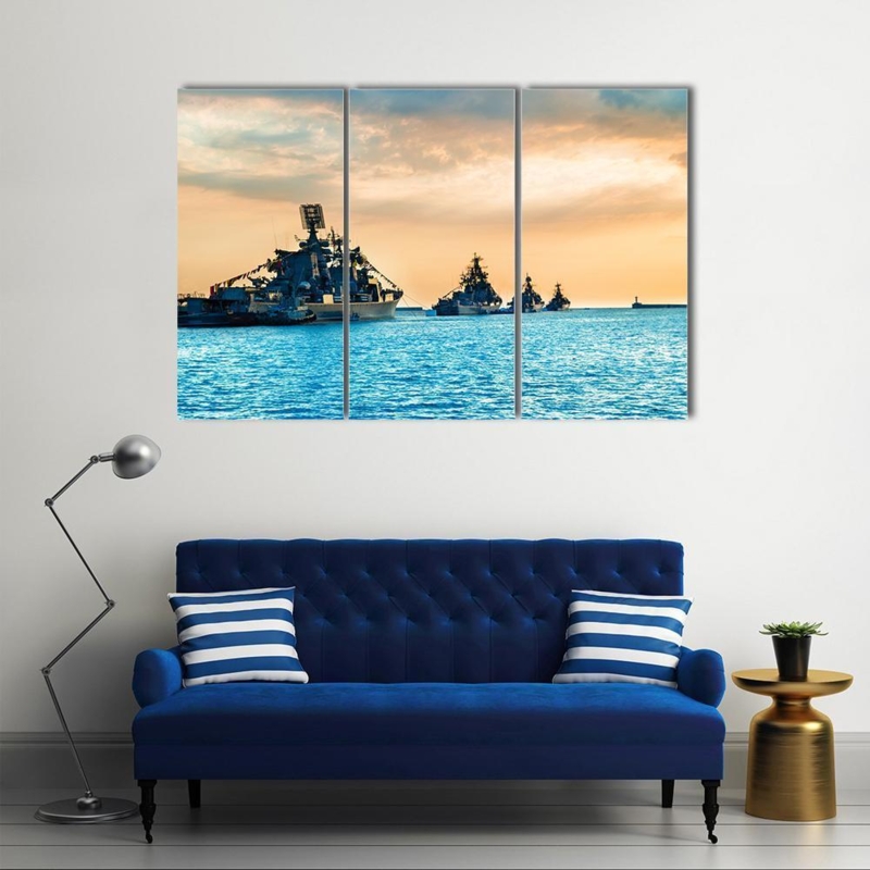 Three-Panel Triptych Wall Art: Nautical Warships at Sunset Seascape