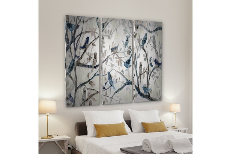 Three Panel Wall Art Painterly Bird Motif | Serene Bedroom Decor