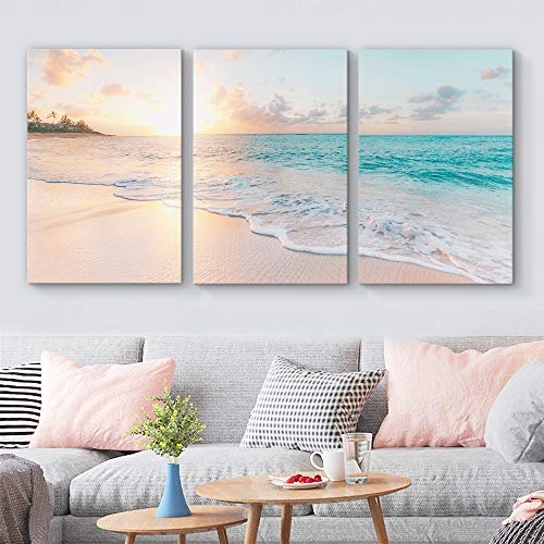 Three Panel Wall Art, Teal and Peach Beach Sunset Canvas