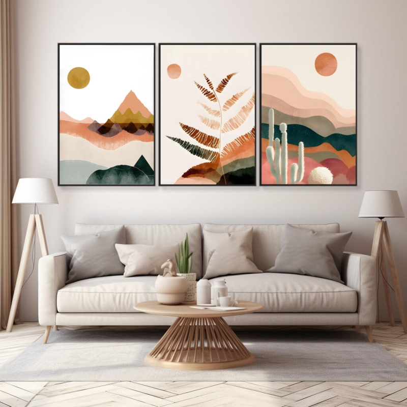 Three-Piece Abstract Nature Canvas Trio, Botanical Theme Set