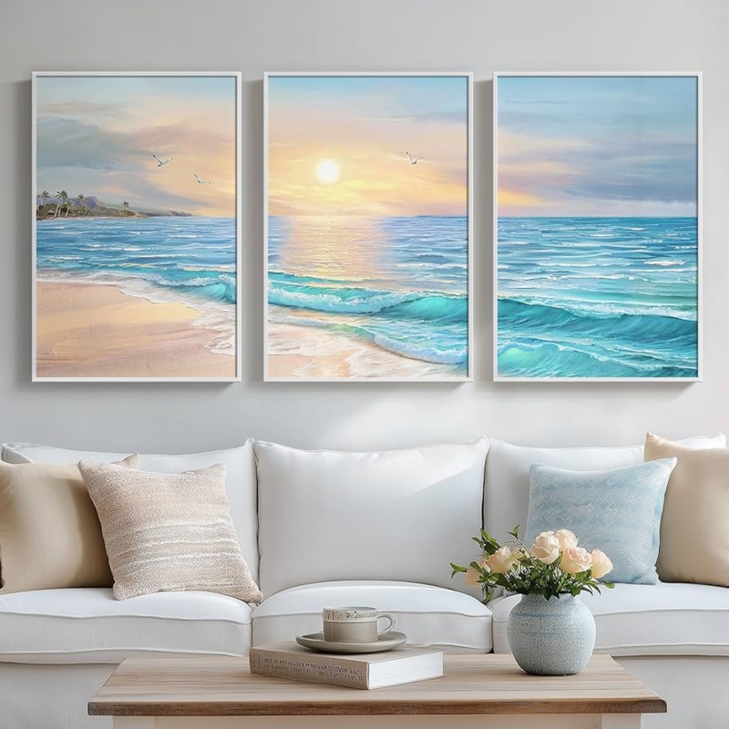 Three-Piece Triptych Art Set Beach Sunrise Painterly Style White