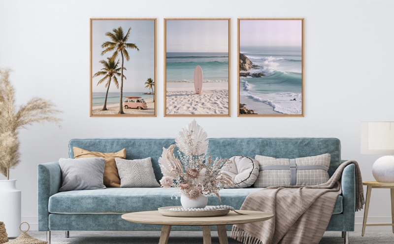 Three-Piece Wall Art Set Teal Sofa Contrast Pampas Grass Organic