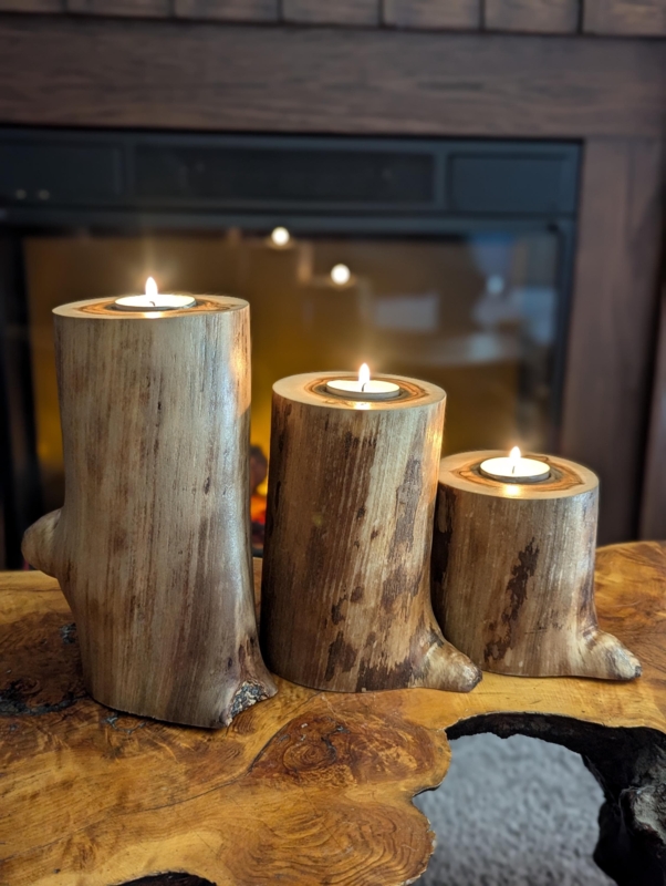 Tiered Tea Light Display Candle Holder Set with Natural Log Texture