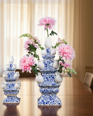 Tiered Tulip Vase Blue and White Ceramic Multi Spout Design