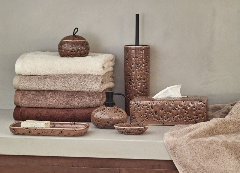 Toilet Brush Holder, Brown Leather-Like Wrap, Gold Handle