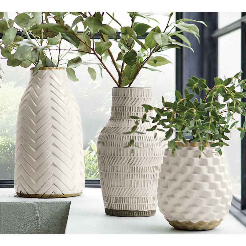 Tonal Ceramic Vases Trio: Mixed Geometric Textures. Organic styling.